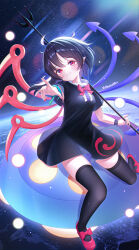 1girl absurdres asymmetrical_wings black_dress black_hair black_thighhighs blue_wings blush bow bowtie breasts buttons center_frills closed_mouth commentary_request dress earth_(planet) footwear_bow frills full_body highres holding holding_polearm holding_weapon houjuu_nue looking_at_viewer mary_janes medium_breasts medium_hair nue_day ohako_miyu planet pointy_ears polearm reaching reaching_towards_viewer red_bow red_bowtie red_eyes red_shoes red_wings shoes short_sleeves sitting sky smile snake solo space star_(sky) starry_sky thighhighs tomoe_(symbol) touhou trident ufo weapon wings wristband