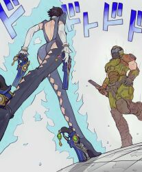 Rule 34 | 1boy, 1girl, amulet, ankle gun, armor, ass, bayonetta, bayonetta (series), bayonetta 2, commission, doom (series), doom eternal, doomguy, double-barreled shotgun, elbow gloves, gloves, grey visor, gun, highres, jojo no kimyou na bouken, meme, oh? you&#039;re approaching me? (meme), praetor suit, quadruple wielding, short hair, shotgun, space marine, weapon, yoracrab