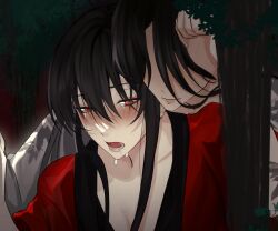 2boys black_hair black_hanfu blush chinese_clothes chinese_commentary closed_mouth coat collarbone crying crying_with_eyes_open dao_gui_yi_xian faceless faceless_male hair_between_eyes hanfu highres implied_sex leaf li_huowang long_hair male_focus multiple_boys open_mouth outdoors pectoral_cleavage pectorals red_coat red_eyes saliva sex sex_from_behind tears toulanbuchengfanbeicaodehanxin tree upper_body white_hanfu yaoi zhuge_yuan