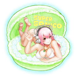 1girl bad_id bad_pixiv_id barefoot bikini blush breasts female_focus food headphones in_food large_breasts long_hair looking_at_viewer macaron mini_person minigirl nitroplus pink_hair red_eyes smile solo super_sonico swimsuit white_bikini zimbabwefumi