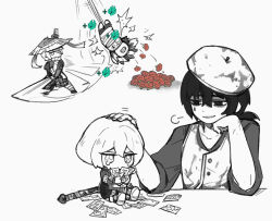 Rule 34 | 2boys, 2girls, apron, beret, buttons, crying, faust (project moon), flaw eight, greyscale, hat, heishou pack-mao branch (identity) (project moon), hitting, holding, holding ofuda, holding sword, holding weapon, jang schna, limbus company, long sleeves, low ponytail, lunacy (limbus company), monochrome, multiple boys, multiple girls, ofuda, parted lips, petting, polearm, ponytail, project moon, rice hat, ring (identity) (project moon), shirt, simple background, sinclair (project moon), smile, spot color, sword, technology liberation alliance (identity) (project moon), weapon, yi sang (project moon)