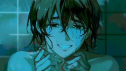 1girl absurdres alien_stage black_hair commentary crying crying_with_eyes_open dark derivative_work english_commentary half-closed_eyes highres multiple_girls screenshot_redraw shinumeru short_hair smile solo streaming_tears sua_(alien_stage) tears tile_wall tiles
