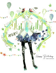 1girl 2020 abstract aqua_eyes aqua_hair balloon bare_shoulders black_boots blue_skirt blush boots breasts bug bunting butterfly cathinthecloud character_name closed_eyes collared_shirt commentary contrapposto detached_sleeves english_commentary facing_viewer full_body green_hair grey_sleeves hair_between_eyes hair_ribbon happy_birthday hatsune_miku highres insect long_hair masking_tape_(medium) mixed_media multicolored_hair red_ribbon ribbon shirt sidelocks signature skirt sleeveless sleeveless_shirt small_breasts smile solo standing star_(symbol) starry_sky_print straight-on thigh_boots traditional_media twintails two-tone_hair unconventional_media very_long_hair vocaloid white_background white_shirt