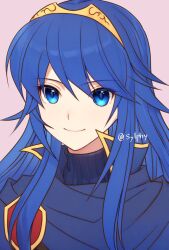 1girl artist_name blue_eyes blue_hair closed_mouth commentary english_commentary fire_emblem fire_emblem_awakening hair_between_eyes long_hair looking_at_viewer lucina_(fire_emblem) mixed-language_commentary nintendo pink_background sidelocks smile solo sylphy_fe tiara turtleneck upper_body
