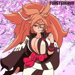 1girl 20s amputee animated animated_gif arc_system_works artist_name baiken belt big_hair black_kimono bouncing bouncing_breasts breasts cape cherry_blossoms cleavage eyepatch facial_mark facial_tattoo female_focus forehead_mark guilty_gear guilty_gear_xrd japanese_clothes kimono large_breasts leaf long_hair looping_animation matching_hair/eyes one_arm outdoors pink_eyes pink_hair pink_leaf ponytail sarashi skull smoking_pipe solo staring sunlight tattoo torn_clothes tree twistedgrim upper_body walking white_kimono white_skull