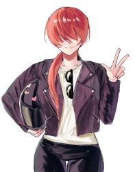 1girl breasts curvy dan_koflove female_focus glasses hand_up helm helmet jacket leather long_hair medium_breasts pants ponytail red_hair shermie_(kof) shirt smile smiley_face standing sunglasses the_king_of_fighters thick_thighs thighs unworn_headwear unworn_helmet white_shirt wide_hips