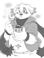 1boy animal_ears belly blowing blush body_markings bracelet claws colored_tips commentary_request cu_sith_(housamo) dog_boy dog_ears dog_nose fat floppy_ears food fork furry furry_male gegegenomin greyscale holding holding_food holding_fork jacket jewelry looking_at_food male_focus monochrome multicolored_hair open_clothes open_jacket plump puff_of_air scarf steam tokyo_houkago_summoners upper_body