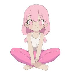 1girl animated arms_between_legs barefoot blush child closed_mouth collarbone dancing feet female_focus full_body head_tilt indian_style leggings looking_at_viewer looping_animation matching_hair/eyes original pants pink_eyes pink_hair pink_leggings pink_pants qtkat shirt simple_background sitting sleeveless sleeveless_shirt smile solo tank_top thighs toes twintails video white_background white_shirt