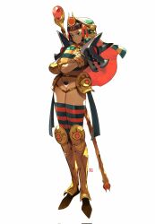 1girl ancient_egyptian_clothes andrewcockroach armor bikini_armor blunt_bangs brown_hair brown_pubic_hair commentary crossed_arms english_commentary eye_symbol female_pubic_hair greaves highres mage_staff nemes original panties pauldrons pubic_hair pubic_hair_peek short_hair shoulder_armor signature staff striped_clothes striped_thighhighs thigh_strap thighhighs underwear white_background white_panties