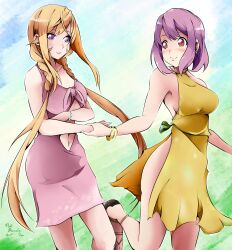 2girls absurdres alternate_hairstyle arato_hisako blonde_hair blush bow breasts cleavage dress_shirt flatpancakesjim highres holding_hands large_breasts long_hair looking_at_another multiple_girls nakiri_erina pink_hair shirt shokugeki_no_souma sideboob simple_background spring_(season)