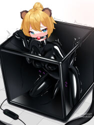 1girl absurdres animal_ears ball_gag bdsm blonde_hair blue_eyes blush bodysuit drooling female_focus female_orgasm forced_orgasm gag gagged highres hitachi_magic_wand latex latex_bodysuit looking_at_viewer maguro27 orgasm original ponytail saliva saliva_trail sex_toy short_hair skin_tight solo trembling vacuum_bed vacuum_cube variant_set vibrator