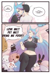 1boy 1girl absurdres animal_ear_fluff animal_ears bed blue_eyes blue_hair blue_nails blue_tail breasts closed_eyes collarbone crop_top english_text fang gradient_hair gradient_nails heart highres indie_virtual_youtuber large_breasts long_hair luxu lying midriff multicolored_hair multicolored_tail nail_polish navel open_mouth paw_pose pink_hair pink_nails silvervale skin_fang speech_bubble stuffed_animal stuffed_pig stuffed_toy tail virtual_youtuber wolf_ears wolf_girl wolf_tail