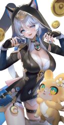 1girl animal_ears armpit_cutout armpits black_choker black_gloves black_hood black_leotard blue_eyes blurry breasts cat_ears cat_girl cat_tail choker cipher_(honkai:_star_rail) cleavage cleavage_cutout clothing_cutout depth_of_field fang fingerless_gloves gloves hanato_(seonoaiko) hands_up hashtag-only_commentary highres honkai:_star_rail honkai_(series) large_breasts leg_up leotard long_hair looking_at_viewer mole mole_on_breast nail_polish open_mouth pouch simple_background single_thighhigh smile solo tail thigh_strap thighhighs thighs undershirt white_background white_hair yellow_nails