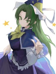 Rule 34 | 1girl, absurdres, blue capelet, blue dress, blue hat, blue vest, capelet, closed mouth, conical hat, dress, frilled shirt, frilled sleeves, frills, funengliang (naidesu), green eyes, green hair, hat, highres, long hair, long sleeves, mima (touhou), ribbon, shirt, solo, star (symbol), sun symbol, touhou, touhou (pc-98), vest, white shirt, white trim, yellow ribbon