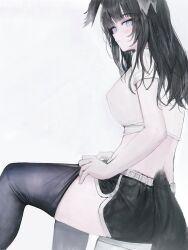 1girl adjusting_clothes adjusting_legwear alternate_costume animal_ears black_hair black_shorts black_thighhighs blue_archive breasts bright_pupils chair closed_mouth cropped_shirt dog_ears dog_girl dog_tail dolphin_shorts feet_out_of_frame flippy_(cripine111) floppy_ears from_side grey_eyes hibiki_(blue_archive) highres long_hair looking_at_viewer on_chair shirt short_sleeves shorts simple_background sitting solo tail thighhighs white_background white_pupils white_shirt