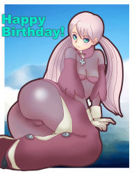 00s 1girl ass birthday blush bodysuit bra breasts cameltoe chaps cross cross_necklace cynthia_lane detached_sleeves female_focus green_eyes happy_birthday highres jewelry long_hair looking_at_viewer low_twintails maqubee necklace overman_king_gainer panties pink_hair shiny_clothes sky small_breasts smile solo twintails underwear
