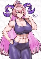 1girl ;) abs artist_name blush breasts bright_pupils brown_eyes circlet cleavage colored_inner_hair commentary commission cowboy_shot curled_horns english_commentary fire_emblem fire_emblem_heroes goat_horns gold_circlet hair_between_eyes hand_on_own_hip hand_up high_ponytail highres horns ko-fi_commission large_breasts long_hair looking_at_viewer multicolored_eyes multicolored_hair muscular muscular_female navel nerthuz_(fire_emblem) nintendo one_eye_closed pants pink_hair ponytail purple_eyes purple_hair purple_horns purple_pants purple_sports_bra rotomdocs smile solo sports_bra standing thick_thighs thighs two-tone_eyes two-tone_hair very_long_hair white_pupils yoga_pants