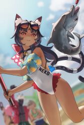 1girl absurdres animal_ear_fluff animal_ears aragiken bell black_hair breasts cable cable_tail cat_ears cat_girl cat_tail dark-skinned_female dark_skin eyewear_on_head fish fishing_rod highres holding holding_fishing_rod jingle_bell long_hair mechanical_tail multiple_tails neck_bell nekomata nekomiya_mana one-piece_swimsuit parted_lips red_eyes small_breasts solo sunglasses swimsuit tail two_tails white_one-piece_swimsuit