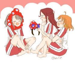 3girls :d barefoot blush commentary_request expo2025 full_body grey_hair gym_uniform holding_hairband kase_(ks_lys) love_live! love_live!_sunshine!! multiple_girls myaku-myaku open_mouth profile red_hair red_shorts red_sleeves sakurauchi_riko shirt short_hair short_sleeves shorts simple_background sitting smile takami_chika twitter_username watanabe_you white_background white_shirt
