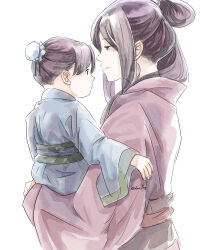 1boy 1girl aged_down ah-duo_(kusuriya_no_hitorigoto) anisatoshii artist_name black_hair bun_cover child chinese_clothes earrings highres jewelry jinshi_(kusuriya_no_hitorigoto) kusuriya_no_hitorigoto long_hair looking_at_another mother_and_son upper_body white_background