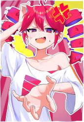 1girl absurdres ahoge anger_vein angry arm_up armpit_peek blue_eyes border collarbone double-parted_bangs drill_hair fang flat_chest hair_between_eyes headache highres iraira_shite_iru_(synthesizer_v) kasane_teto kurimatcha open_mouth outline print_shirt red_background red_eyes red_hair shirt short_sleeves simple_background single_bare_shoulder skin_fang solo sweat sweatdrop tsurime twin_drills upper_body utau v-shaped_eyebrows white_border white_outline white_shirt
