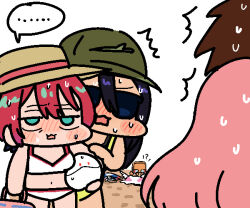 Rule 34 | ..., 1boy, 3girls, amate yuzuriha, bikini, blush, brown hair, brown hat, chibi, green eyes, green hat, gundam, gundam gquuuuuux, gundam seed, haro, hat, in-franchise crossover, jazz jack, kira yamato, lacus clyne, multiple girls, nyaan (gundam gquuuuuux), pink hair, red hair, simple background, spoken ellipsis, straw hat, swimsuit, white background, white bikini