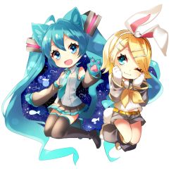2girls :3 animal_ears animal_hands aqua_eyes aqua_hair aqua_necktie bare_shoulders black_leg_warmers black_legwear black_skirt black_sleeves blonde_hair bow cat_ears cat_tail chibi collar commentary detached_sleeves fish full_body gloves grey_collar grey_shirt grey_shorts hair_bow hair_ornament hairclip hands_on_own_cheeks hands_on_own_face hatsune_miku kagamine_rin leg_warmers legs_up long_hair looking_at_viewer matatabi_dango miniskirt multiple_girls neckerchief necktie night night_sky one_eye_closed open_mouth paw_gloves pleated_skirt rabbit_ears rabbit_paws rabbit_tail sailor_collar school_uniform shirt short_hair short_shorts shorts shoulder_tattoo skirt sky sleeveless sleeveless_shirt smile swept_bangs tail tattoo thighhighs twintails very_long_hair vocaloid white_bow white_shirt yellow_neckwear zettai_ryouiki