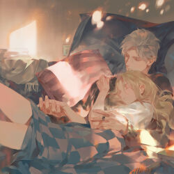 Rule 34 | 1boy, 1girl, arm around shoulder, black sleeves, blonde hair, endofthepage, head on another&#039;s chest, highres, holding hands, jewelry, long hair, love and deepspace, lying, protagonist (love and deepspace), ring, shirt, short hair, sleeping, sylus (love and deepspace), under covers, white hair, white shirt