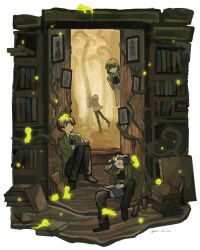 Rule 34 | 1girl, 1other, 2boys, absurdres, angela (project moon), blue hair, blunt bangs, book, book stack, bookshelf, brooch, brown hair, character request, chesed (project moon), closed eyes, coat, collared shirt, cushion, frills, full body, glowing, green coat, highres, holding, holding book, indoors, jewelry, knees up, library, library of ruina, looking at another, mini person, mo chi mu, multiple boys, narrowed eyes, netzach (project moon), open mouth, photo (object), project moon, reading, shirt, short hair, sitting, sprite, stairs, too many, too many books, two side up, white shirt