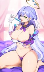 1girl absurdres areola_slip arm_under_breasts blue_hair breasts curvy earrings food gloves green_eyes halo highres holding holding_food holding_popsicle honkai:_star_rail honkai_(series) jewelry large_breasts long_hair looking_at_viewer nac000 navel panties popsicle purple_panties robin_(honkai:_star_rail) solo thick_thighs thighs tongue tongue_out underwear white_gloves