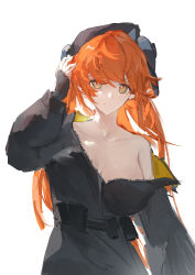 1girl absurdres belt black_coat black_hat coat green_eyes hat highres long_hair off_shoulder orange_hair orange_pupils orpheus_(zenless_zone_zero) simple_background solo white_background yingmusang-l1f zenless_zone_zero