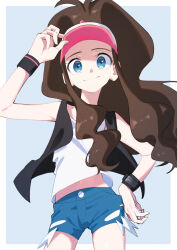 1girl adjusting_clothes adjusting_headwear aoi_(altea0923) arm_up black_jacket blue_eyes blue_shorts border closed_mouth commentary cowboy_shot denim denim_shorts hand_on_own_hip hat highres hilda_(pokemon) jacket looking_at_viewer navel nintendo open_clothes open_jacket pokemon pokemon_bw shirt short_shorts shorts simple_background sleeveless sleeveless_jacket sleeveless_shirt smile solo standing stomach white_border white_shirt