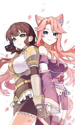 2girls absurdres animal_ears blue_eyes blush brown_hair ceri_(sakura_dungeon) commission commissioner_upload dotoram falling_petals fox_ears fox_tail highres holding_hands japanese_clothes looking_at_viewer multiple_girls non-web_source petals sakura_dungeon smile standing tail yomi_(sakura_dungeon) yuri