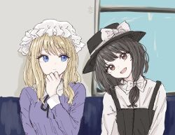 2girls :d black_hat blonde_hair blue_eyes bow brown_eyes brown_hair closed_mouth collared_shirt commentary day dress hair_bow hand_on_own_chin hat hat_bow hat_ribbon indoors kashiwada_kiiho long_hair long_sleeves looking_at_another looking_at_viewer maribel_hearn mob_cap multiple_girls neck_ribbon open_mouth purple_dress ribbon shirt smile symbol-only_commentary thinking touhou upper_body usami_renko white_bow white_hat white_ribbon white_shirt window
