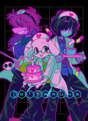 1boy 1girl 1other :3 absurdres animal_ears antenna_hair black_background black_hair black_pants blue_shirt blue_skin blush_stickers cake candle coat collared_shirt colored_skin copyright_name cup deltarune english_text feet_out_of_frame film_grain fingernails food freckles furry furry_female furry_male glasses goat_boy goat_ears green-framed_eyewear green_vest grid_background grin hair_over_eyes hat heart heart_print highres holding holding_plate holding_syringe holding_tray horns kris_(deltarune) lapels large_syringe long_sleeves looking_at_viewer menma_(enaic31) notched_lapels nurse_cap official_alternate_costume open_clothes open_coat open_mouth outline oversized_object pants parted_lips pill pink_hair pink_horns pink_outline pink_shoes pink_skin plate purple_shirt ralsei reptile_girl retro_artstyle semi-rimless_eyewear shirt shoes signature simple_background single_blush_sticker smile standing standing_on_one_leg susie_(deltarune) syringe tongue tray turtleneck turtleneck_shirt vest white_coat white_fur white_hat white_shirt