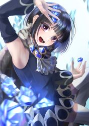 1girl absurdres black_eyes black_hair blue_gemstone cape detached_sleeves fur_cape gem highres hime_cut kagamiwor lapis_lazuline magical_girl mahou_shoujo_ikusei_keikaku short_hair smile star_ornament thighhighs white_thighhighs