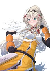 Rule 34 | 1girl, absurdres, an-94 (girls&#039; frontline), aqua eyes, armor, blonde hair, blush, breastplate, commentary, cosplay, cowboy shot, darkness (konosuba), darkness (konosuba) (cosplay), dress, english commentary, girls&#039; frontline, gloves, hair between eyes, hair ornament, hairband, hand on own hip, hand on own shoulder, highres, kono subarashii sekai ni shukufuku wo!, long hair, ponytail, second-party source, signature, simple background, solo, twitter username, unitaka, very long hair, wavy hair, white background, x hair ornament, yellow dress