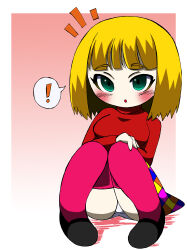 Rule 34 | !, 1girl, belle (pop&#039;n music), bemani, black footwear, blonde hair, blush, breasts, checkered clothes, checkered skirt, gradient background, green eyes, lkagami, long sleeves, looking at viewer, medium breasts, open mouth, panties, pink background, pop&#039;n music, red shirt, red thighhighs, shirt, shoes, short hair, sitting, skirt, speech bubble, spoken exclamation mark, surprised, thighhighs, underwear, white panties