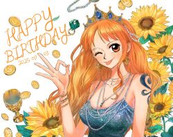 Rule 34 | 1girl, bare shoulders, bead necklace, beads, birthday, blue dress, blush, bracelet, breasts, chalice, cleavage, closed mouth, coin, collarbone, commentary request, crown, cup, dated, dress, earrings, flower, gem, gold coin, gold earrings, green gemstone, hair beads, hair ornament, happy birthday, highres, jewelry, korean commentary, large breasts, long hair, looking at viewer, nami (one piece), necklace, ok sign, one eye closed, one piece, orange eyes, orange hair, ring, shoulder tattoo, single sidelock, sktkah 7326, solo, spaghetti strap, sunflower, tattoo, tongue, tongue out, upper body, wavy hair