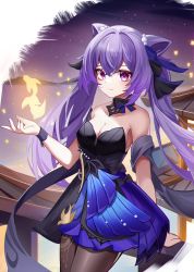 1girl absurdres against_railing black_dress black_pantyhose blue_dress bow bowtie breasts cleavage diamond-shaped_pupils diamond_(shape) dress genshin_impact hair_ornament highres keqing_(genshin_impact) keqing_(opulent_splendor)_(genshin_impact) multicolored_dress mxr official_alternate_costume pantyhose purple_eyes purple_hair railing solo symbol-shaped_pupils