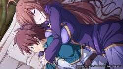 1boy 1girl blush breasts brown_hair closed_eyes green_eyes hug kono_subarashii_sekai_ni_shukufuku_wo! large_breasts long_hair nervous official_art on_bed one_eye_covered pillow satou_kazuma short_hair sleeping wiz_(konosuba)