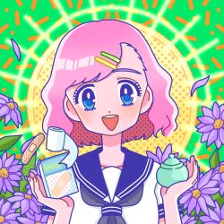 Rule 34 | 1girl, bandaid, blue eyes, collarbone, flower, fujishima moyu, gauze, green background, hair ornament, hairclip, highres, incense burner, looking at viewer, open mouth, original, pink hair, purple flower, sailor collar, school uniform, short hair, solo
