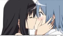 2girls akemi_homura black_hair blue_eyes blue_hair blush closed_eyes grabbing_another&#039;s_face hair_ornament hairband highres kiss kiss_focus looking_at_another mahou_shoujo_madoka_magica mahou_shoujo_madoka_magica_(anime) miki_sayaka multiple_girls simple_background white_background yotsuba0930 yuri