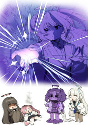 4girls absurdres blue_archive chroong crying food_print fruit_print gojou&#039;s_imaginary_technique hair_ornament halo highres jujutsu_kaisen koyuki_(blue_archive) mechanical_halo melting meme monster_girl multiple_girls noa_(blue_archive) poison poison_yuuka_(meme) purple_hair purple_halo rio_(blue_archive) slime_girl slimification strawberry_print triangle_hair_ornament yuuka_(blue_archive)