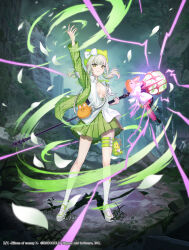 1girl arm_up blush breasts center_opening character_request deca_purio full_body green_eyes green_hair green_jacket green_skirt grey_hair hat hat_ornament highres holding holding_wand jacket large_breasts long_hair looking_at_viewer multicolored_hair official_art outdoors partially_unbuttoned pink_hair polka_dot polka_dot_jacket ruins shirt skirt smile solo thigh_strap wand white_shirt z/x