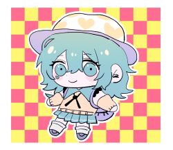 1girl backpack bag blush checkered_background chibi chibi_only detached_sleeves full_body green_eyes green_hair hat heart heart_print highres komeiji_koishi looking_at_viewer non-web_source pure short_hair skirt smile solo touhou