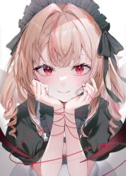 1girl absurdres alicecoco black_dress black_headdress blush closed_mouth commentary_request dress fangs grey_hair hands_on_own_cheeks hands_on_own_face highres long_hair looking_at_viewer makaino_ririmu multicolored_hair nijisanji pink_hair pointy_ears red_eyes red_yarn short_sleeves simple_background smile solo streaked_hair two-tone_hair virtual_youtuber