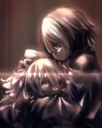 2girls black_capelet black_hair capelet closed_mouth from_side hair_between_eyes hand_on_another&#039;s_head highres hug irumyuui long_hair long_sleeves looking_at_another made_in_abyss marudoll multicolored_hair multiple_girls one_eye_closed profile red_eyes short_hair smile two-tone_hair upper_body vueko white_hair yellow_eyes