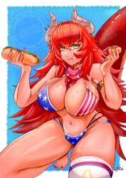 1girl american_flag american_flag_bikini american_flag_print armband bandana bandana_around_neck barefoot bikini breasts dated dragon_girl dragon_horns dragon_tail eating flag_print flag_print_bikini highres horns hot_dog ketchup kneeling large_breasts long_hair mustard navel print_bikini red_hair ryufboi signature single_thighhigh sweat swimsuit tail thighhighs virtual_youtuber vshojo watermark yellow_eyes zentreya zentreya_(cowboy_bikini) zentreya_(dragon)