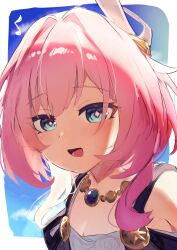 Rule 34 | 1girl, absurdres, bare shoulders, blue sky, border, breasts, cleavage, coat, commentary, cyrene (honkai: star rail), dress, hair ornament, highres, honkai: star rail, honkai (series), jewelry, looking at viewer, medium hair, multicolored hair, musical note, necklace, open mouth, pink hair, pink pupils, purple coat, sky, small breasts, smile, solo, two-tone hair, upper body, wadorufure, white border, white dress, white hair